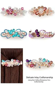 Detailansicht bunter Strass-Haarspangen mit Blumen- und Pfauenmotiven für Damen