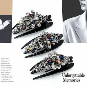 Vintage Rhinestone Flower Hair Claw Clip Elegant Alloy Crystal Butterfly Hair Clip Large Black Hairpin For Women Hair Jewelry