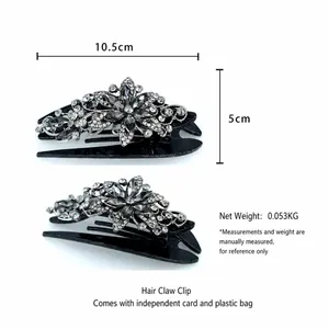 Elegant black hair claw clip with vintage floral rhinestones and crystal patterns
