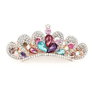 Sparkling rhinestone crown hair clip with colorful crystals and golden alloy base