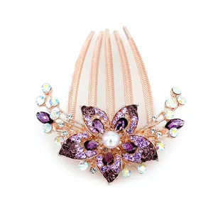 Elegant rose gold flower hair comb with purple crystals and pearl for formal hairstyles