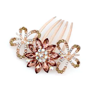 Elegant rose gold butterfly floral hair comb with rhinestones and crystal petals