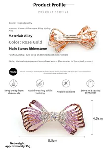 Vue détaillée d'une pince à cheveux nœud en strass or rose avec dimensions 8,5x4,5cm