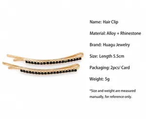 Detail showing two gold alloy hair pins with black rhinestones, size 5.5cm, 2 pieces set