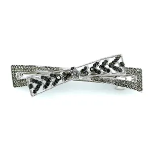 Barrette à cheveux élégante en alliage argenté avec nœud et strass noirs pour femmes