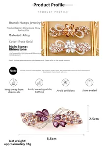 Detail view of flower rhinestone hair clip with dimensions 8.8cm in length and 2.5cm height