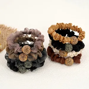 Elegant Rhinestone Ball Hair Scrunchie Fabric Mesh Satin Elastic Ponytail Holder Headwear For Women Daily Party Hair Accessories