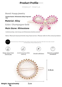 Detail view of rhinestone hair clip size 5x3.8cm with pink bow and golden circle designs