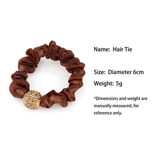Brown satin scrunchie with rhinestone gold ball charm, 6cm diameter hair tie for women