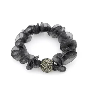 Dark grey mesh scrunchie with sparkling rhinestone ball charm for elegant hair styling