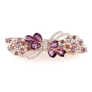 Elegant purple crystal flower spring clip hairpin with rose gold alloy base