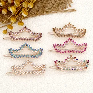 Set of six colorful rhinestone crown hair clips for girls in various elegant pastel shades
