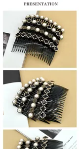 Detail of vintage French hair side combs with clover motifs and elegant faux pearls