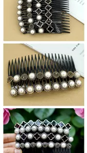 Detailed view of French vintage hair combs with pearls, rhinestones and clover motifs
