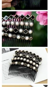 Detailed macro view of vintage hair comb with black clover, white pearls and grey rhinestones