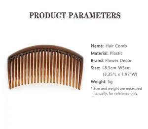 Detail view of 8.5x5cm brown plastic hair comb dimensions and material specs