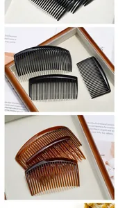 Detail of plastic hair combs in black and amber resin finish for elegant updo styling