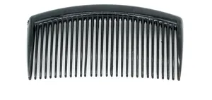 Macro detail of curved black plastic hair comb with fine teeth for styling hair