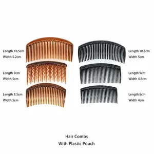 Classic plastic hair side combs set in black and brown with detailed size measurements