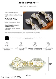 Detail view of champagne gold bow hair clip with rhinestones and pearls dimensions