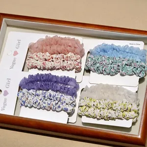 Women Korean Style Floral Fabric Scrunchies Sweet Organza Mesh Hair Ties Ruffled Elastic Hair Bands Daily Headwear Accessories