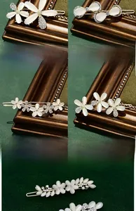 Detail of floral hair clips featuring white cat eye petals and sparkling crystals on gold alloy