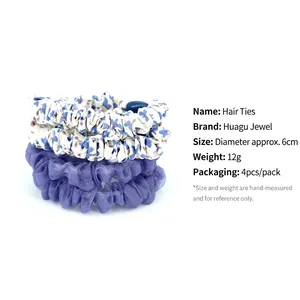 Set of 4 floral and purple chiffon hair scrunchies with 6cm diameter and 12g weight