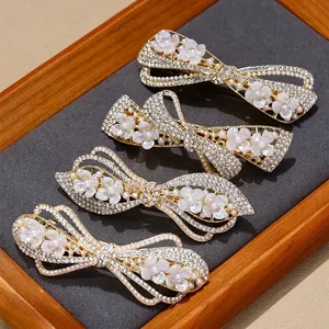 Elegant Bow Rhinestone Flower Hair Clip With Imitation Artificial Pearl Alloy Spring Hairpin Vintage Hair Accessories For Women Wedding