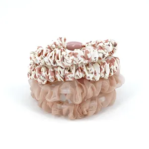 Floral print and pleated chiffon hair scrunchies set for women in soft pastel tones