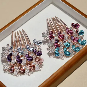 Rose gold butterfly hair comb set with colorful rhinestones and sparkling crystals