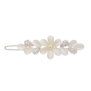 Elegant cat eye stone flower hair clip with sparkling rhinestones and gold metal base