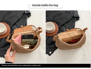 Detail showing the spacious main compartment of the woven straw crossbody bag