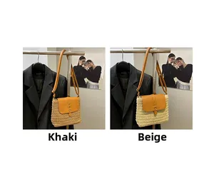 Detail view of khaki and beige woven saddle bags with leather flaps and rivet accents