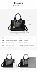 Size guide of crocodile pattern handbag showing dimensions and object comparison