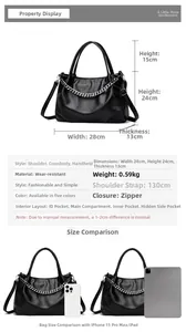 Detailed size chart of a black leather tote with dimensions and interior pocket layout