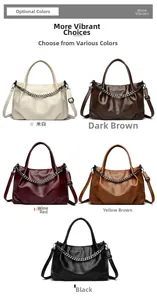 Detail view of large tote bags in five colors with silver chain and detachable straps