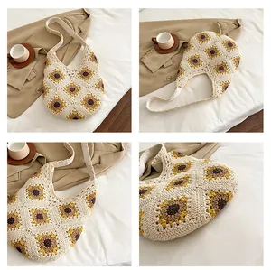 Détails du crochet tournesol sur sac fourre-tout en coton crème avec bandoulière large