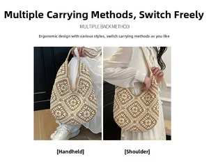 Detailed view of woven hobo bag showing versatile hand-held and single shoulder carry modes