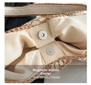 Close-up of magnetic clasp design on hand-woven tote bag with beige fabric lining