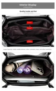 Detailed interior of black tote bag showing organized compartments and large capacity
