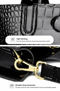 Detail of fine stitching and gold metal hardware on black crocodile patent leather bag