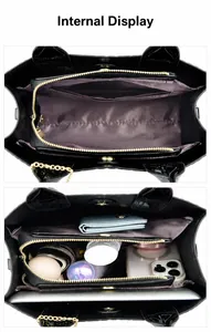 Internal view of black patent leather bag with purple lining and multi-pocket storage