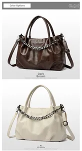 Detail view of large tote bags in dark brown and beige with metallic chain accents