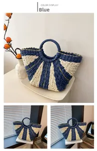 Détail du sac cabas tissé bleu et beige avec couleurs contrastées et anses rondes