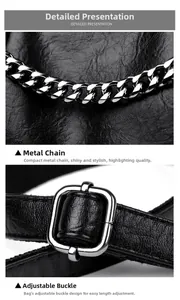 Detail of silver chain strap and adjustable buckle on black leather tote bag