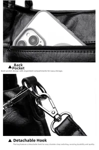 Detail of lychee pattern leather tote with back zipper pocket and metal strap hooks