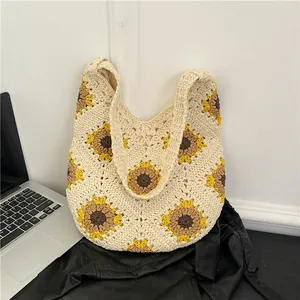 Sac Fourre-tout au Crochet pour Femmes avec Motif de Tournesol Corde en Coton Sac à Épaule Bohème pour Plage et Vacances