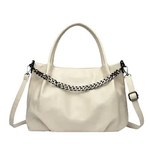 Large capacity off-white tote bag with decorative black chain and adjustable strap