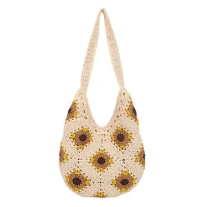 Sac bandoulière en coton fait main avec motifs de tournesols jaunes au style bohème