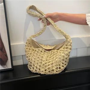Sac à Bandoulière Femme en Paille Tissée Style Bohème Ajouré Crochet Sac de Plage Hobo Avec Doublure Fermeture Magnétique